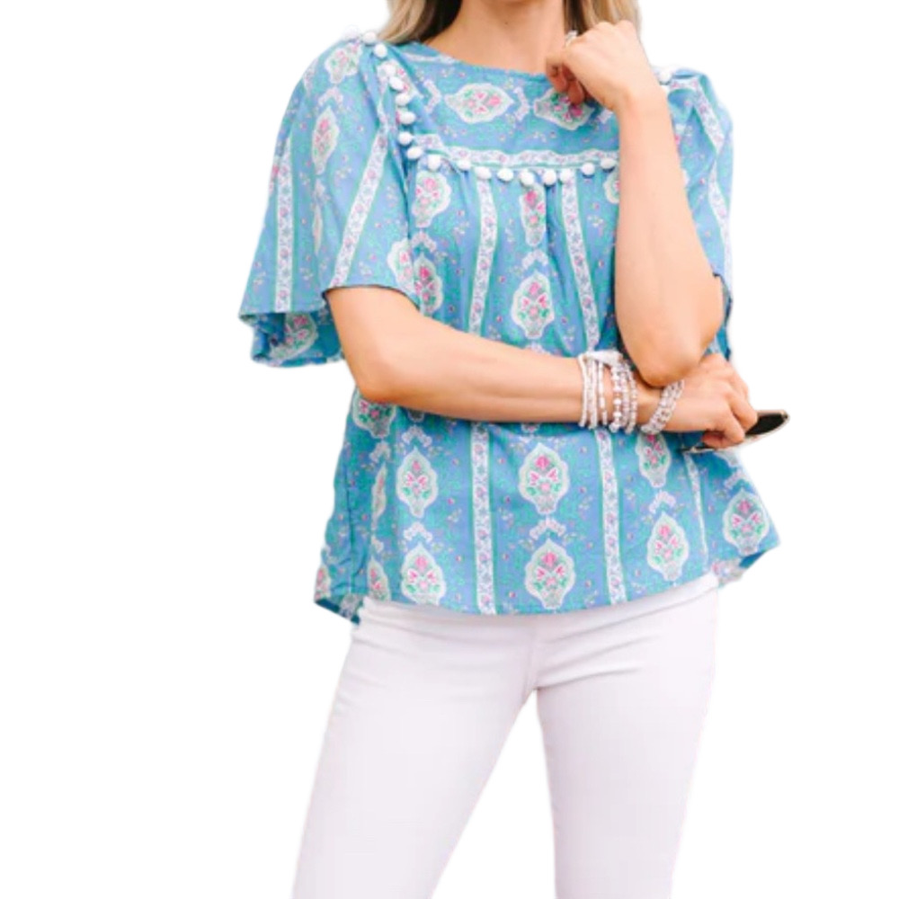 ⛵️Flying Tomato Teal/blue and Pink Patterned Blouse size L GUC…